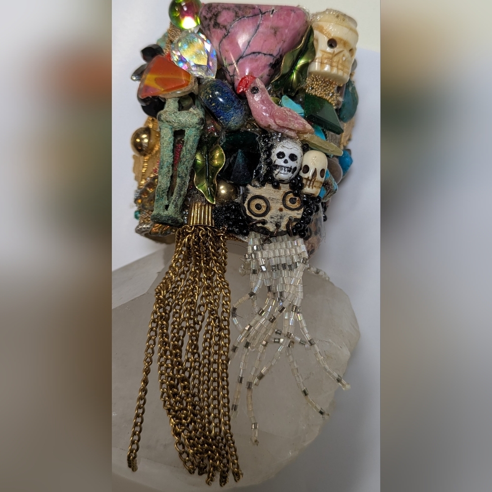 Wendy Gell cuffone of a kind 3-in cuff with skulls a carvedbird shells turquoise